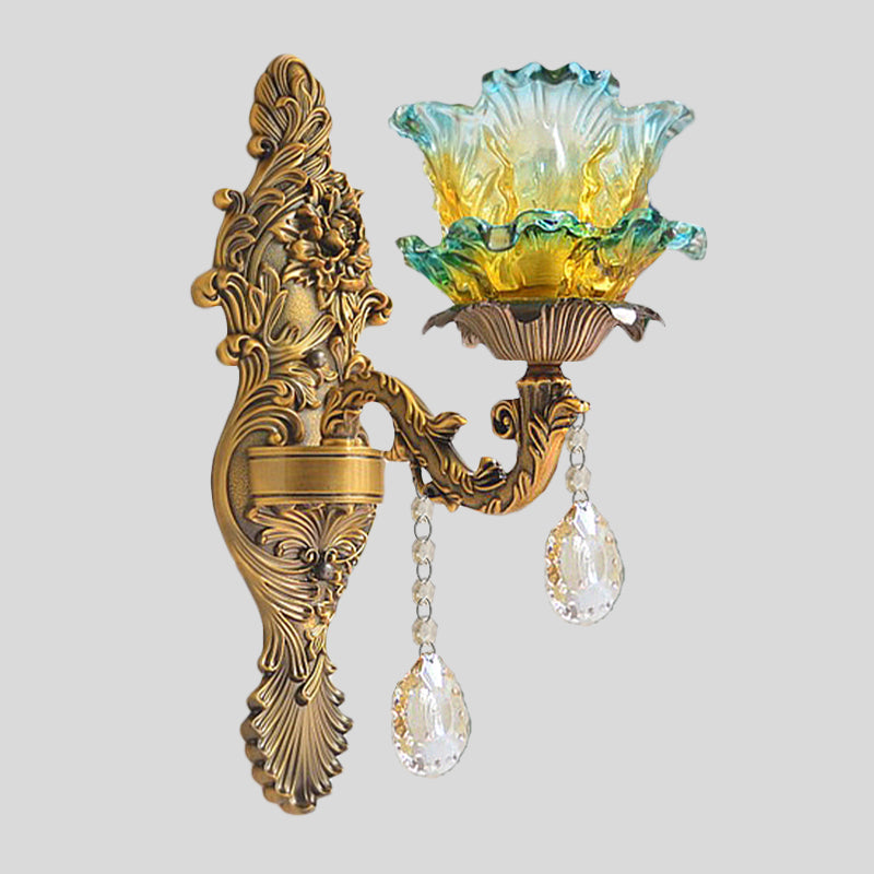 Single 2-Layer Ruffle Sconce Light Antique Blue and Yellow Gradient Glass Wall Mounted Lighting with Brass Carved Arm