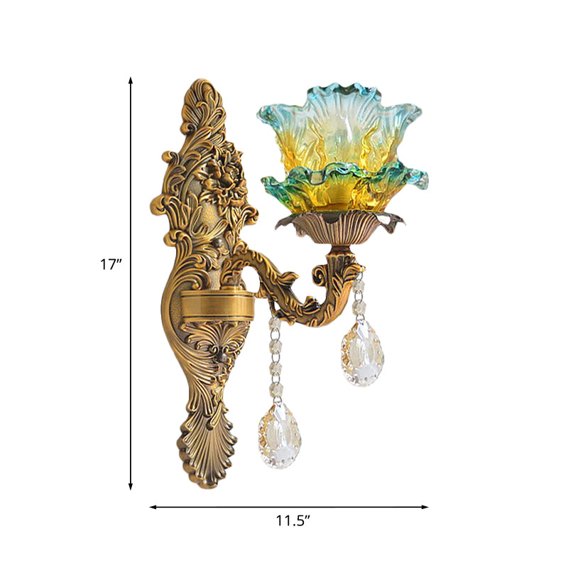 Single 2-Layer Ruffle Sconce Light Antique Blue and Yellow Gradient Glass Wall Mounted Lighting with Brass Carved Arm