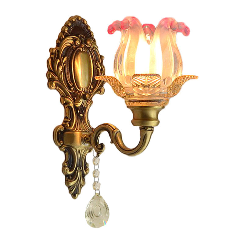 Retro Flower Wall Lighting Ideas 1 Bulb Pink-Clear Fading Glass Sconce Light in Brass