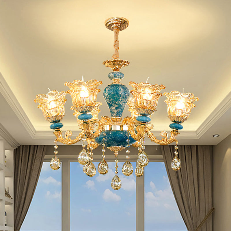 Layered Flower Amber Glass Chandelier Traditional 6 Lights Bedroom Ceiling Suspension Lamp in Blue