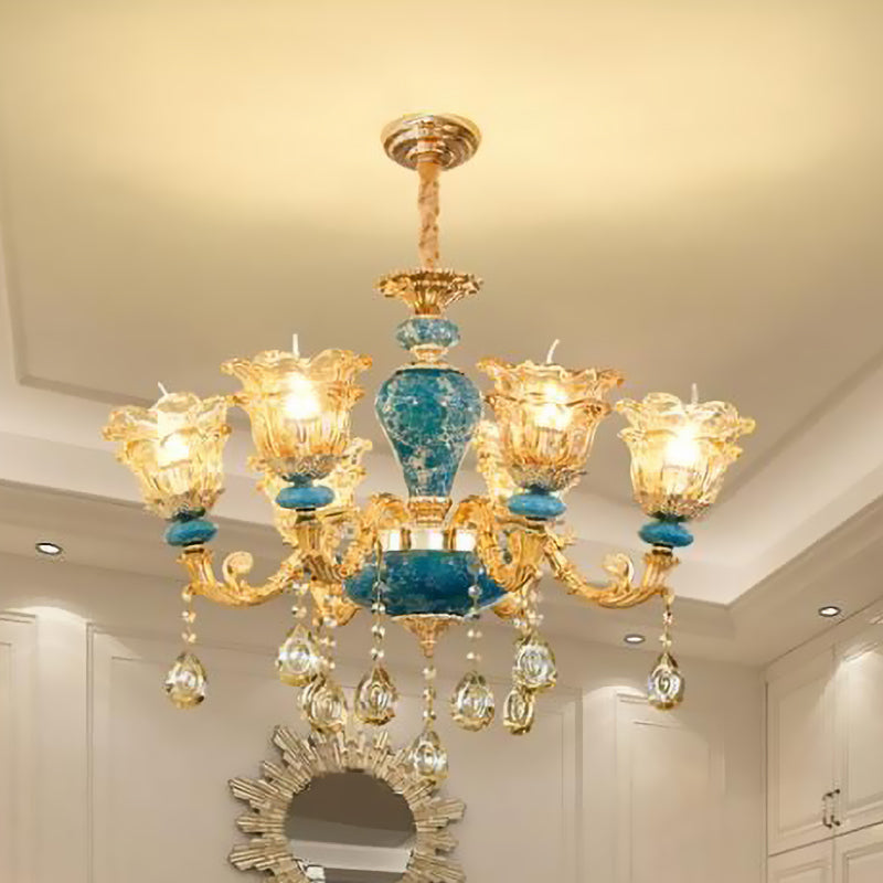 Gelaagde bloem barnsteen glas kroonluchter traditionele 6 lichten slaapkamer plafond suspensielamp in blauw
