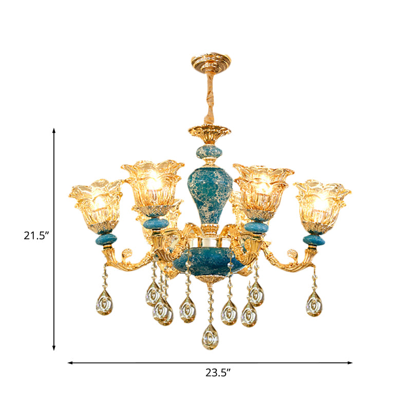 Layered Flower Amber Glass Chandelier Traditional 6 Lights Bedroom Ceiling Suspension Lamp in Blue