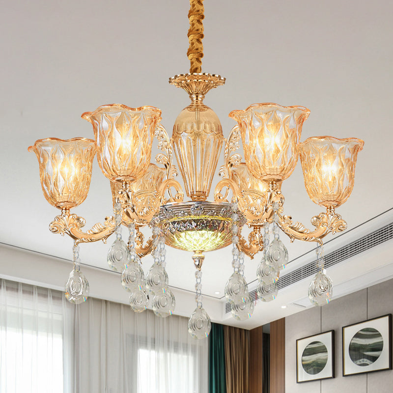 6 lampen bel omhoog kroonluchter traditioneel goud helder kiezelglas hangende verlichtingsarmatuur boven tafel