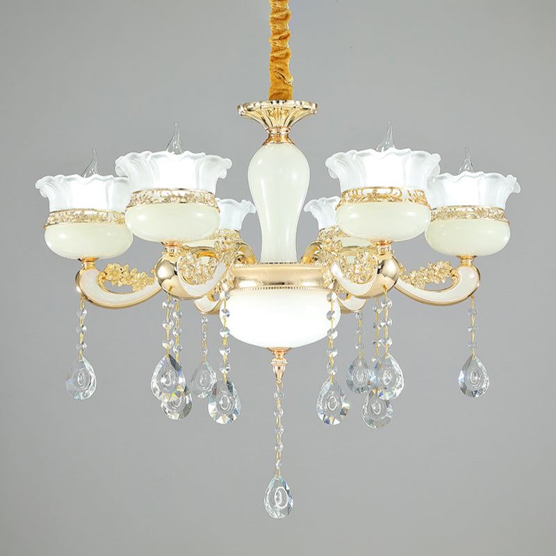 6 hoofden kroonluchter verlichting moderne slaapkamer plafond hanger met ruche-edge pot witte glazen schaduw in goud