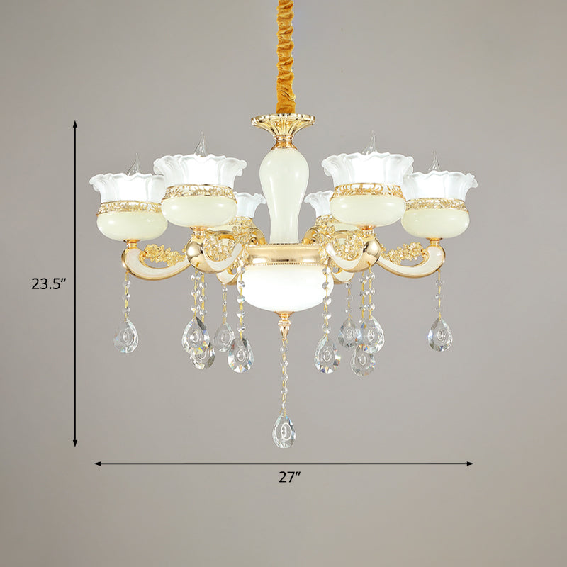 6 hoofden kroonluchter verlichting moderne slaapkamer plafond hanger met ruche-edge pot witte glazen schaduw in goud