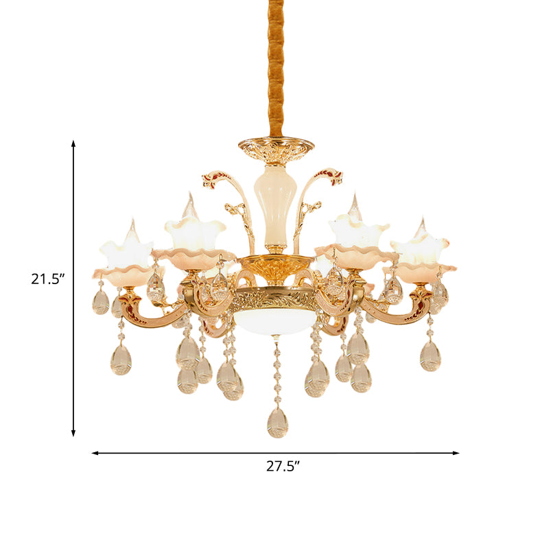 Ruffle Trim Dining Table Suspension Light Traditional Pink Glass 6 Lights Gold Pendant Lighting Fixture