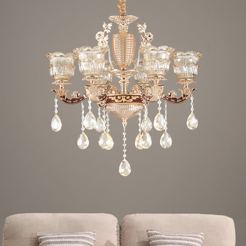 Costilla de vidrio acanalado de volante en capas 6 Bulbos de lámpara de araña de dormitorio en oro con cristal colgante