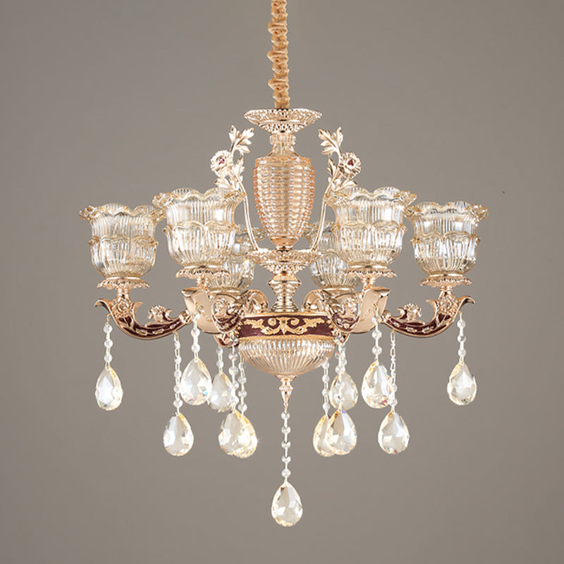 Costilla de vidrio acanalado de volante en capas 6 Bulbos de lámpara de araña de dormitorio en oro con cristal colgante