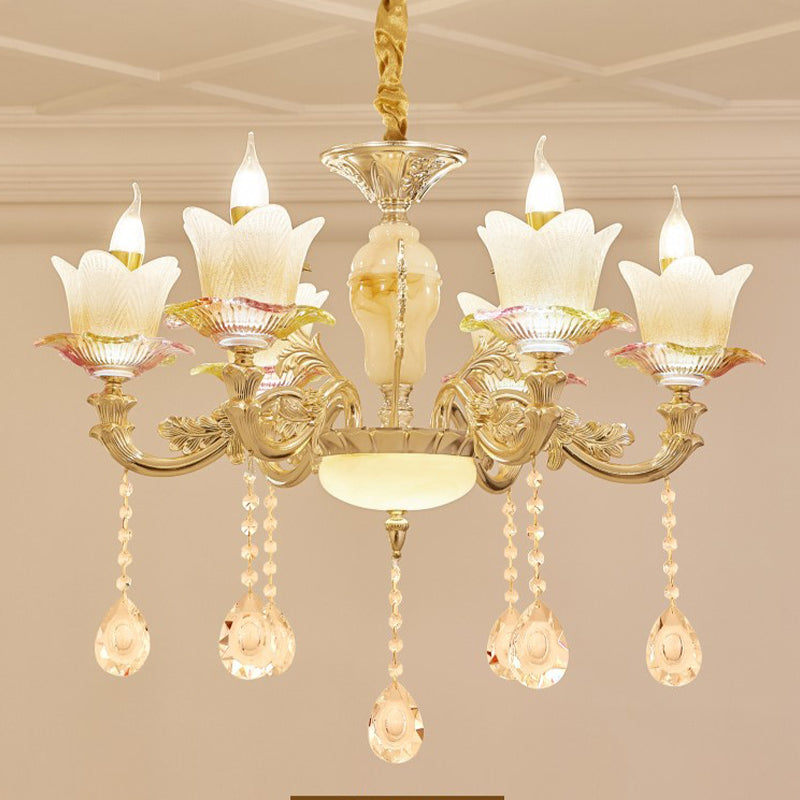 Lámpara de techo de la sala de la sala de la familia Floral Vidrio blanco antiguo de 6 cabezas de oro colgante de oro