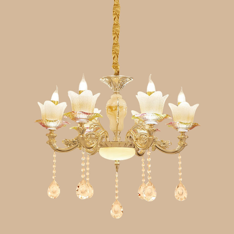 Floral Family Room plafond kroonluchter antiek wit glas 6-head gouden hangende verlichtingsarmatuur