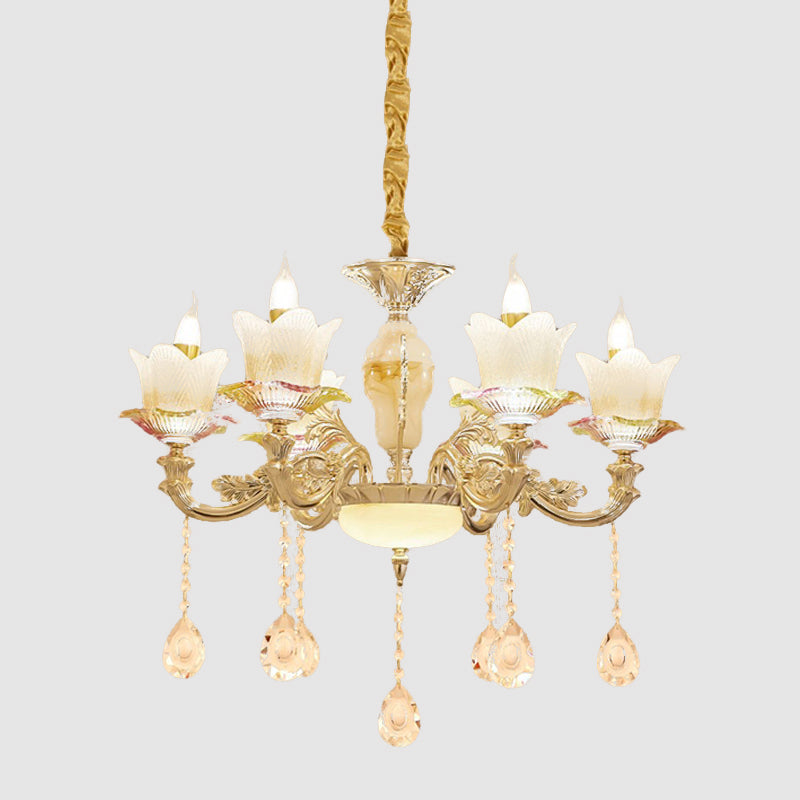 Floral Family Room Ceiling Chandelier Antique White Glass 6-Head Gold Hanging Light Fixture