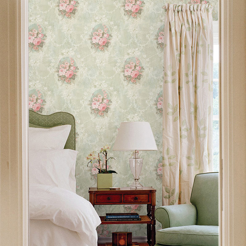 Cluster Blossoms Wallpaper Roll for Girls Bedroom Decoration in Green and Pink, 33' by 20.5"