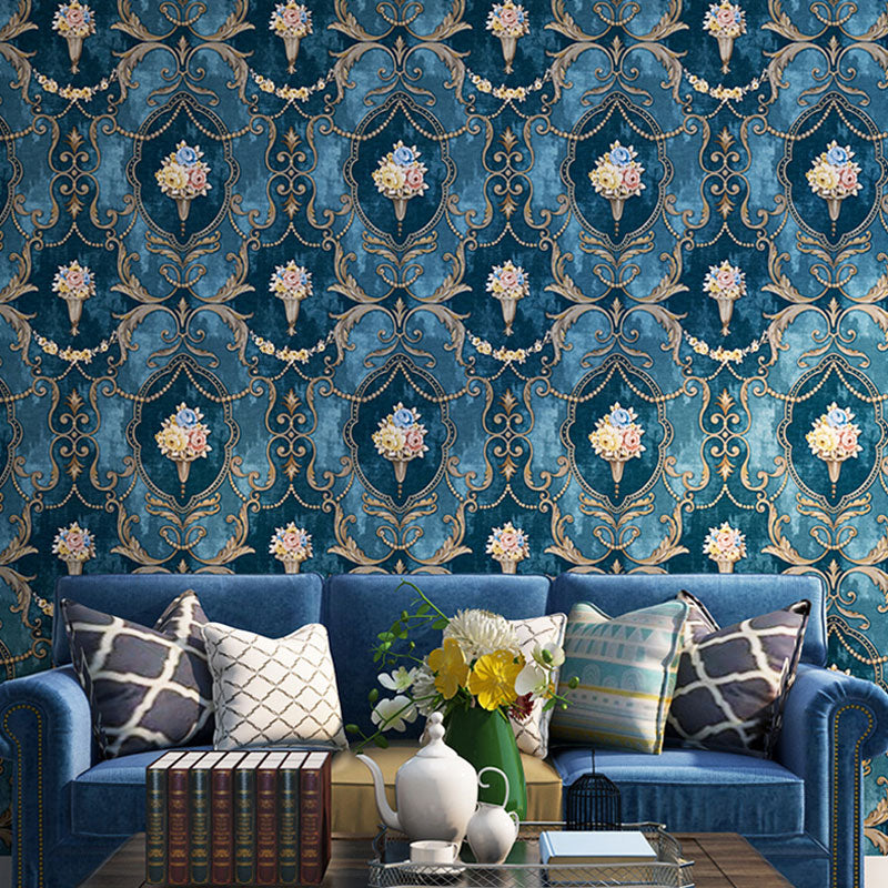 Water-Resistant Cluster Blossom Wall Covering 33' x 20.5" Countryside Wallpaper Roll in Blue for Home Decoration