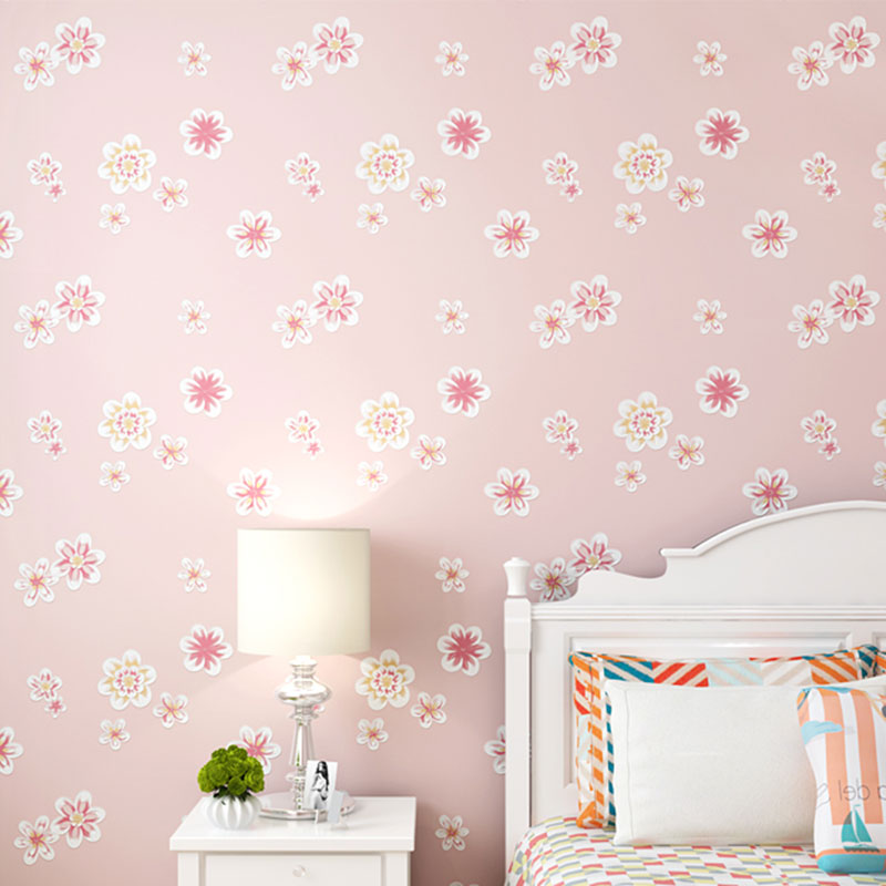 Floral Wallpaper Roll for Children Bedroom Non-Woven Fabric Wall Decor in Pastel Color, Water-Resistant
