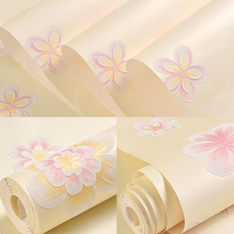 Floral Wallpaper Roll for Children Bedroom Non-Woven Fabric Wall Decor in Pastel Color, Water-Resistant