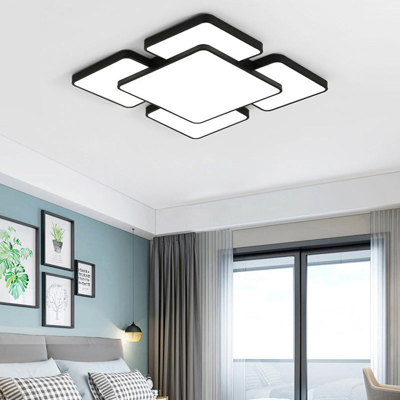 Squared/Rectangular Shade Bedroom Ceiling Flush Light Acrylic 20.5"/24.5" W 5/7 Lights Modernist Style Flush Mount Lamp in Black/White