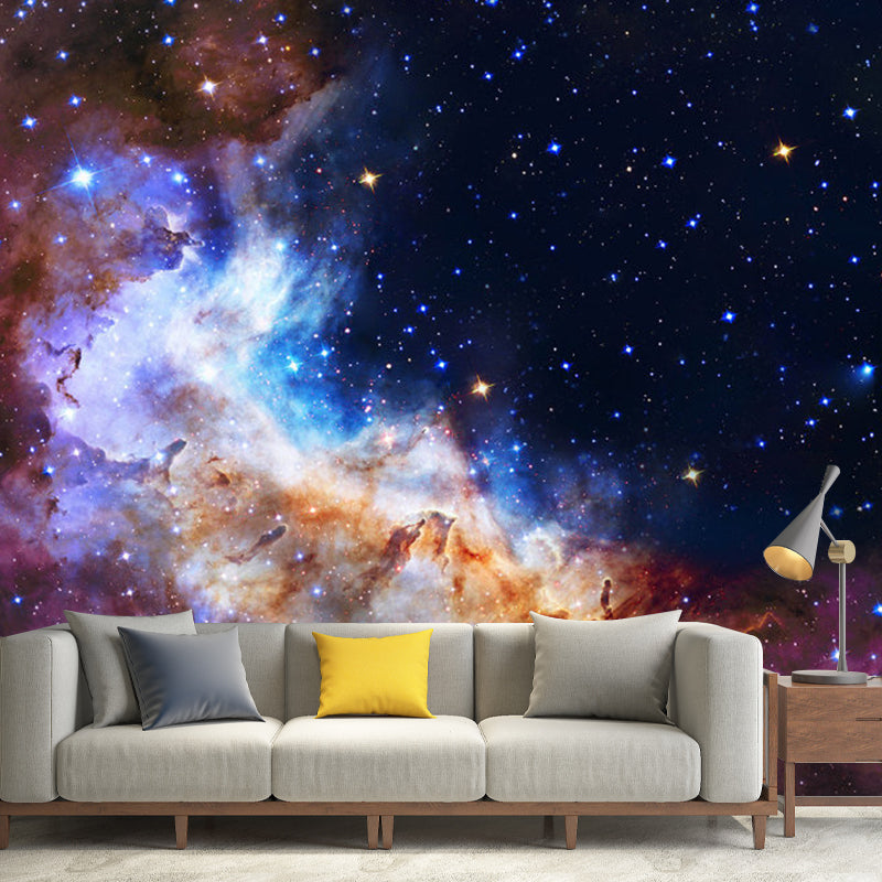 Big Galaxy Wall Covering for Living Room Stars Mural Wallpaper in Blue and Purple, Stain-Resistant