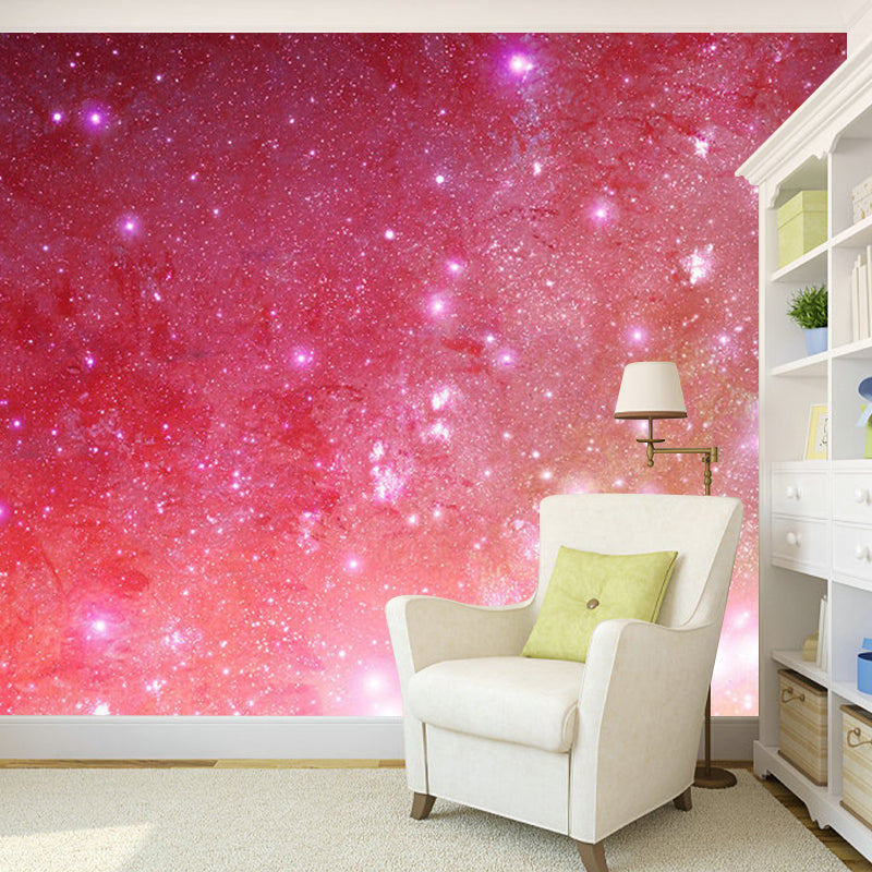 Minimalist Gleaming Nebula Mural Wallpaper in Pink Girl's Bedroom Wall Covering, Made to Measure