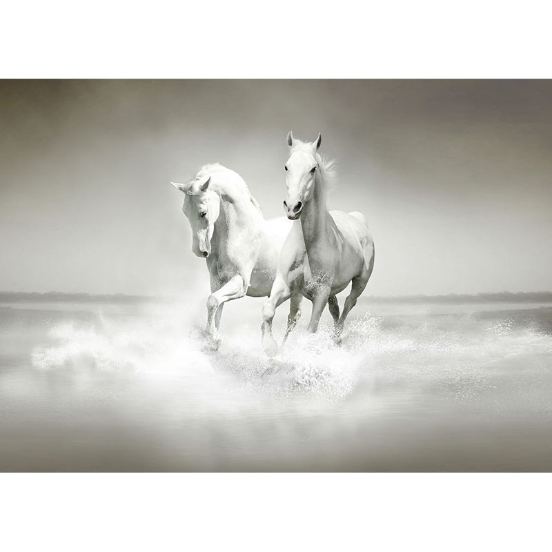 Traditional Galloping Horses Wall Decor for Living Room, Customized Size Wall Mural in Soft Grey