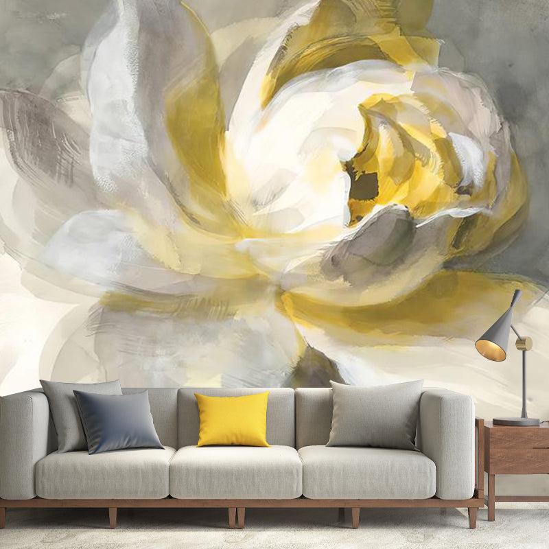 Whole Illustration Retro Mural Wallpaper for Living Room with Blossoming Lotus Oil Painting in Yellow and White