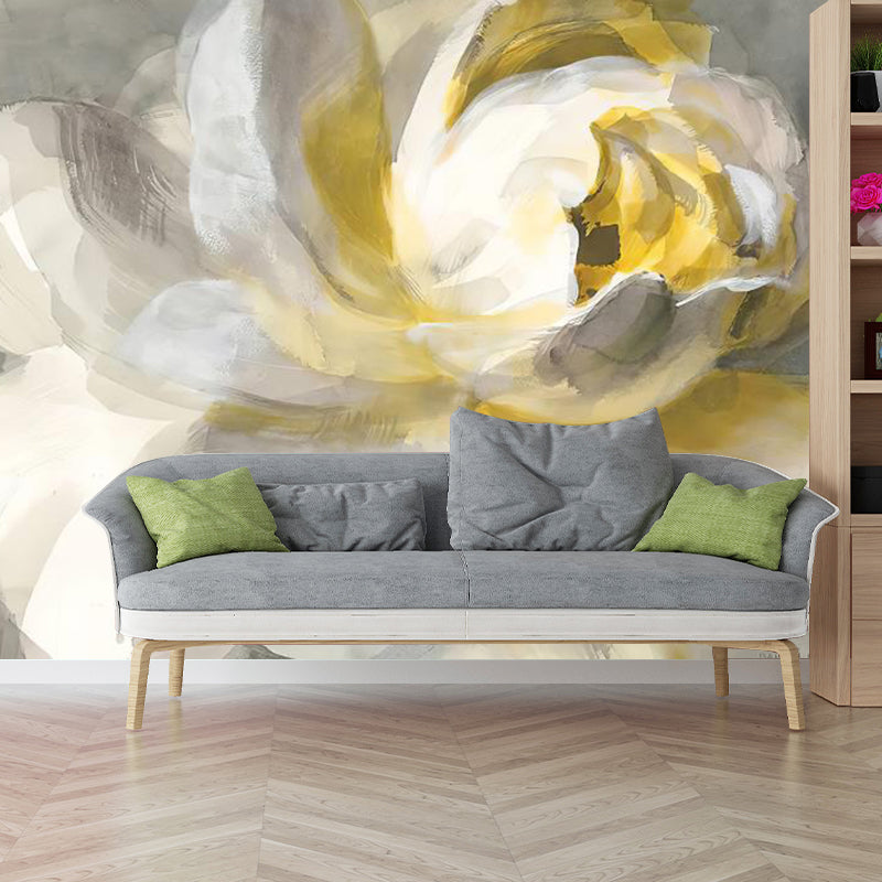Whole Illustration Retro Mural Wallpaper for Living Room with Blossoming Lotus Oil Painting in Yellow and White