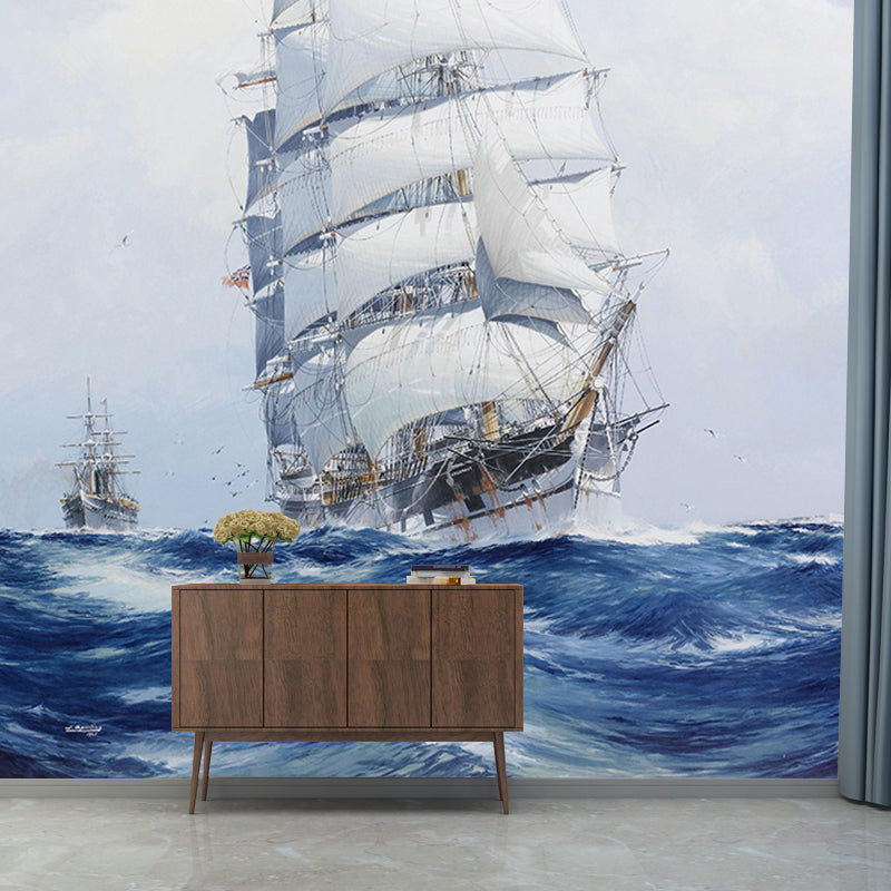 Blue and White Boat Mural Wallpaper Moisture-Resistant Wall Covering for Dining Room