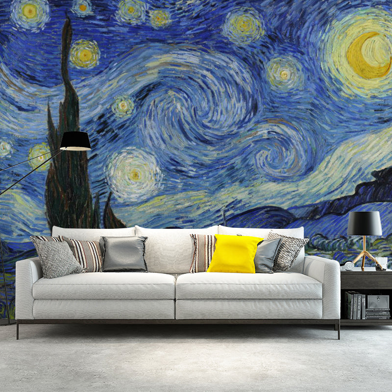 Extra Large Illustration Sky Mural Wallpaper for Bedroom Decor in Blue and Yellow, Made to Measure