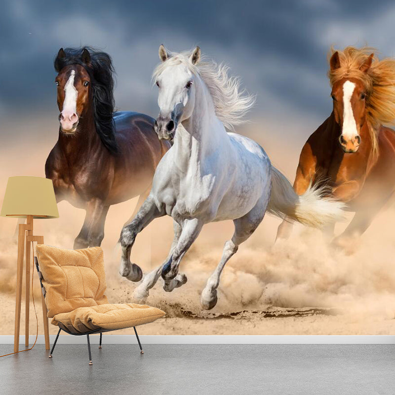 Brown Asia Inspired Wall Covering Custom-Printed Safari Horses Mural for Living Room