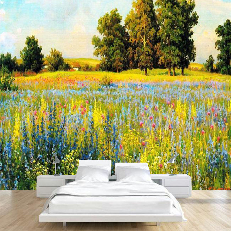 Large Grassland Mural Wallpaper for Dining Room Sky Wall Covering in Green and Blue, Water-Resistant