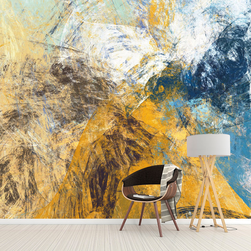 Decalcomania murale ad acquerello per la decorazione della galleria, blu e giallo, su misura