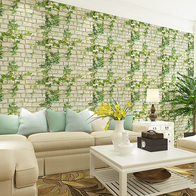 33' x 20.5" Brickwork Wallpaper for Bedroom Ivy Wall Covering in Grey and Green, Self-Adhesive