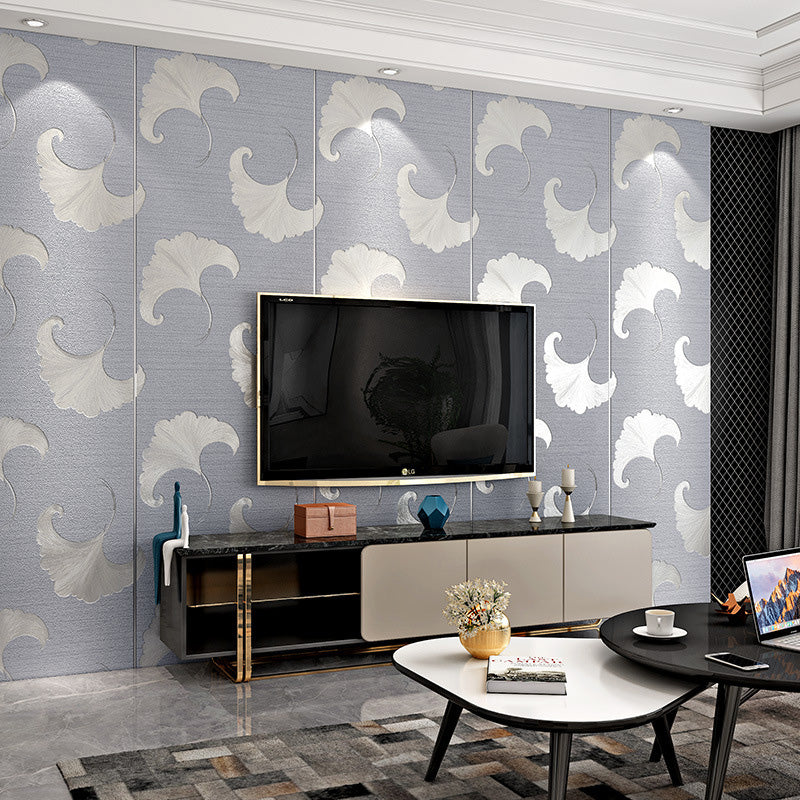 Nordic Ginkgo Wall Covering in Natural Color Guest Room Decorative Flock Wallpaper, 28"W x 31'L
