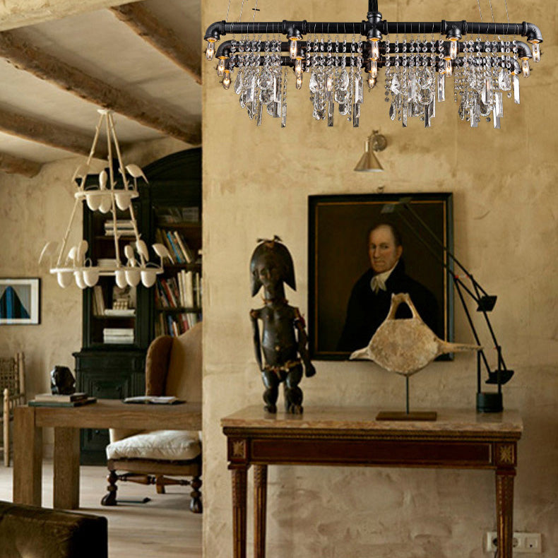 Raindrop Island Chandelier Contemporary Crystal 15-Light Black Pendant Lighting for Bar Restaurant