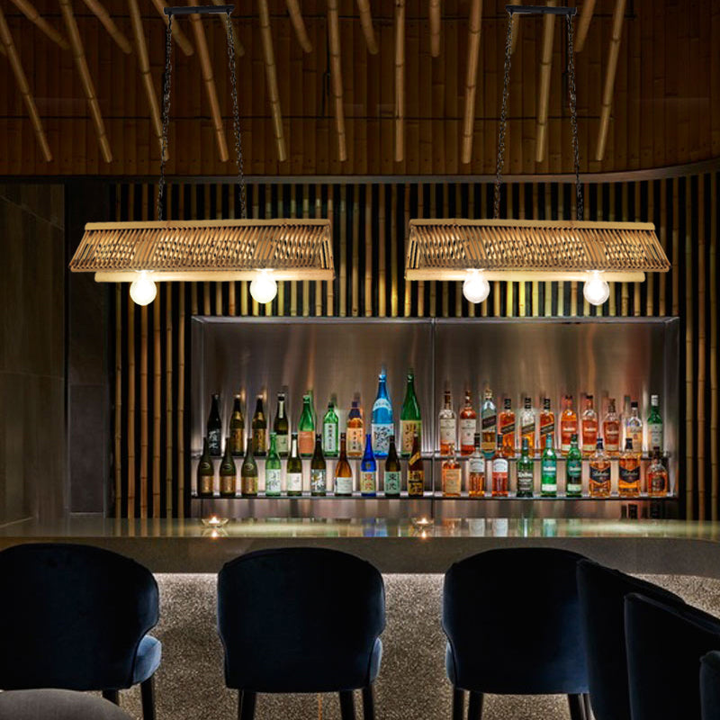 Countryside Linear Island Pendant Light with Roof Design Bamboo 2 Bulbs Restaurant Hanging Lamp in Wood