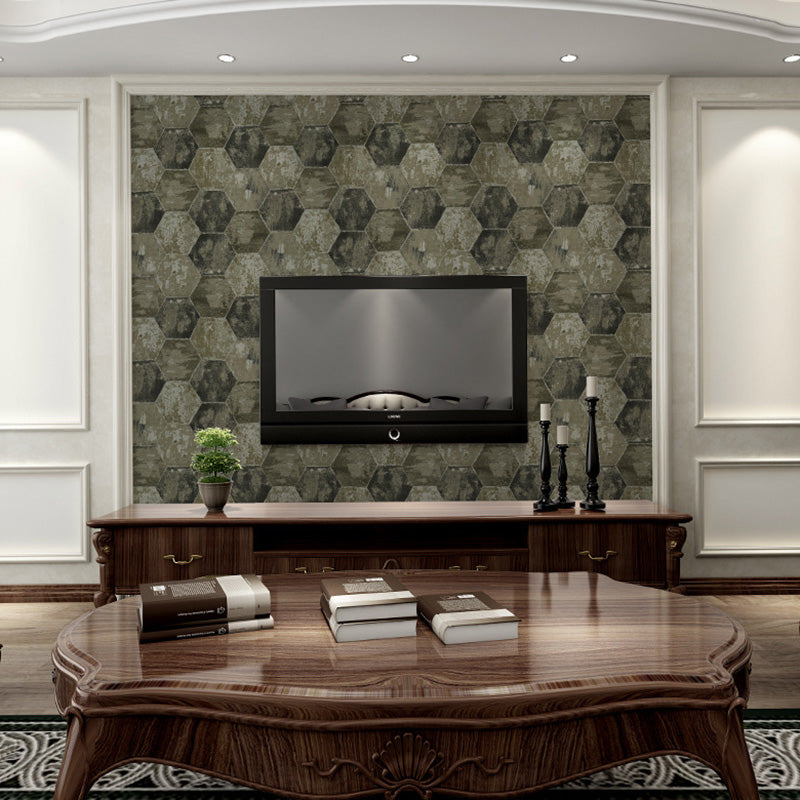 57.1 sq ft. Hexagon Wallpaper for Bar Decoration Cement Wall Covering in Dark Color, Water-Resistant
