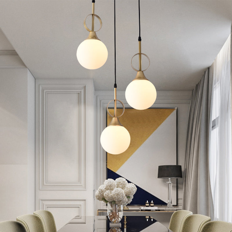 Minimalist Ball Hanging Lamp Kit Opal Glass Single Bedside Pendant with Ring Top in Black-Gold