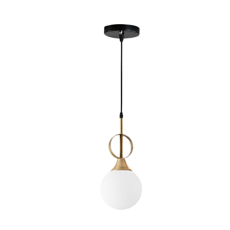 Minimalist Ball Hanging Lamp Kit Opal Glass Single Bedside Pendant with Ring Top in Black-Gold