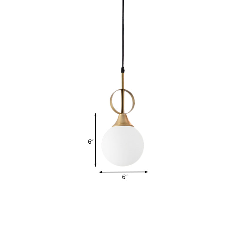 Minimalist Ball Hanging Lamp Kit Opal Glass Single Bedside Pendant with Ring Top in Black-Gold