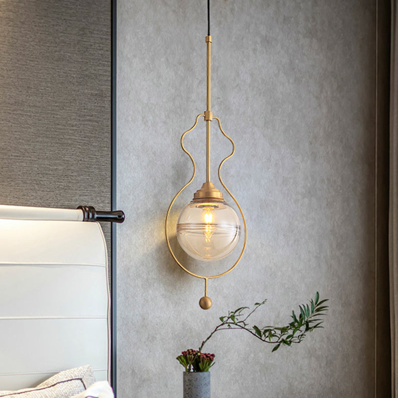 Lampada a soffitto a sfera a sfera di vetro trasparente Postmoderno a pendente sospeso a 1 luce con telaio di terra in oro