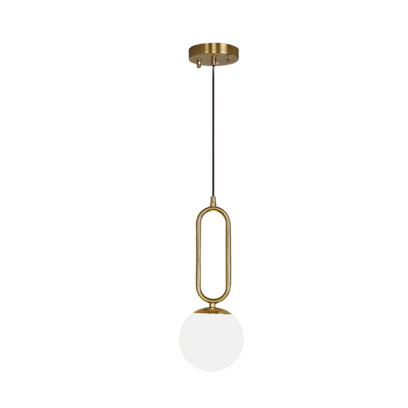 Minimalistic Ball Shape Pendant Lighting Ivory Glass 1 Head Bedside Drop Lamp in Gold