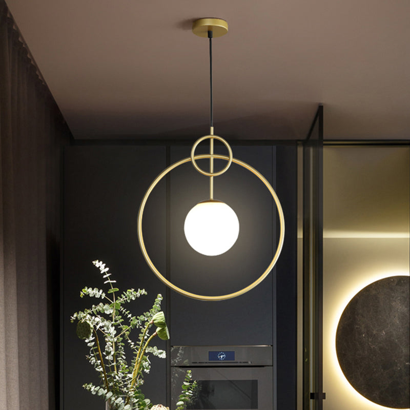 Ball Pendant Light Fixture Postmodern Milk Glass 1-Light Dining Room Ceiling Lamp with Circles in Gold