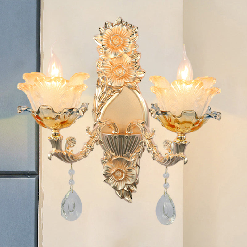 Mid-Century Flower Shade Wall Sconce 2 Heads Crystal Wall Mount Light Fixture in Gold