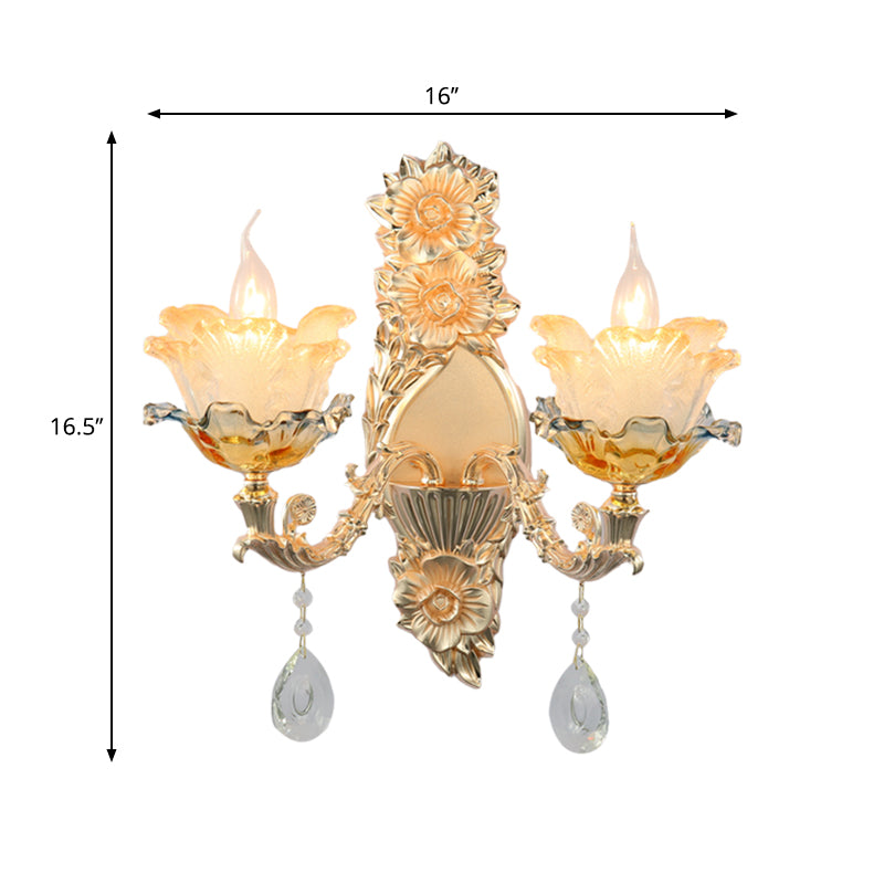 Mid-Century Flower Shade Wall Sconce 2 Heads Crystal Wall Mount Light Fixture in Gold
