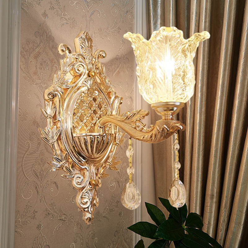 Single Ruffle Glass Wall Light Traditional Gold Floral Shade Bedroom Wall Mounted Lamp