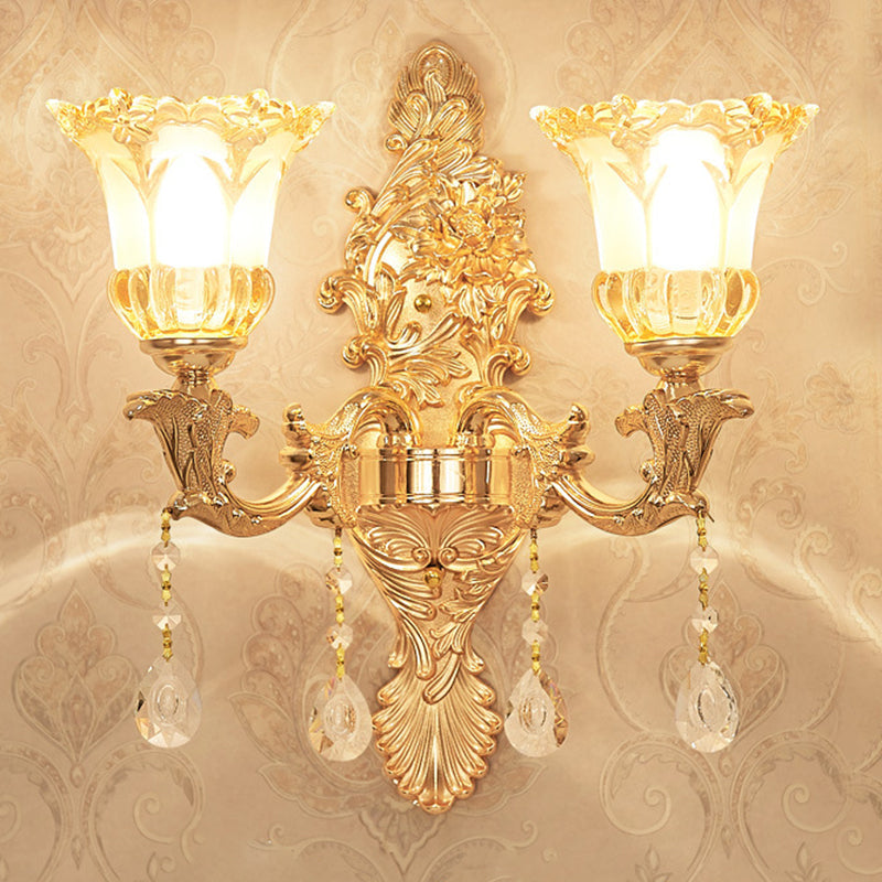2 Lights Flower Wall Sconce Lighting Mid Century Gold Clear Ruffle Glass Wall Mounted Lamp
