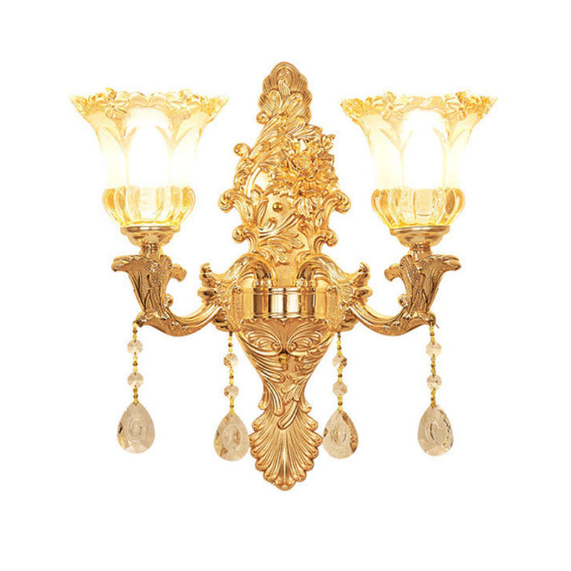 2 Lights Flower Wall Sconce Lighting Mid Century Gold Clear Ruffle Glass Wall Mounted Lamp