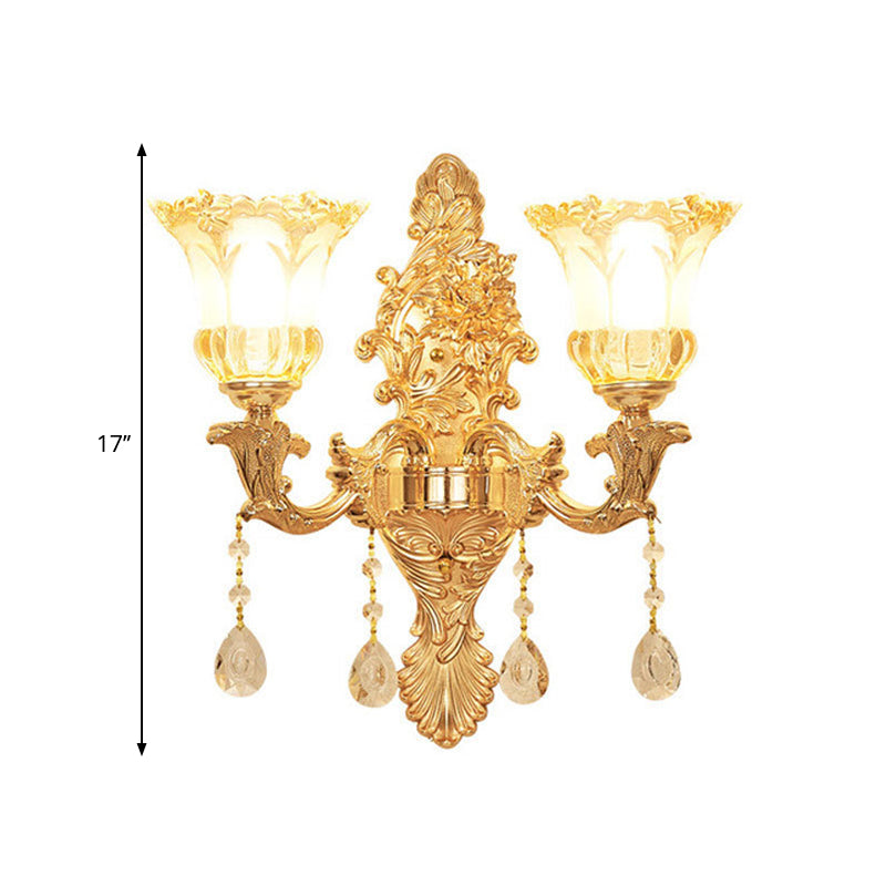 2 Lights Flower Wall Sconce Lighting Mid Century Gold Clear Ruffle Glass Wall Mounted Lamp