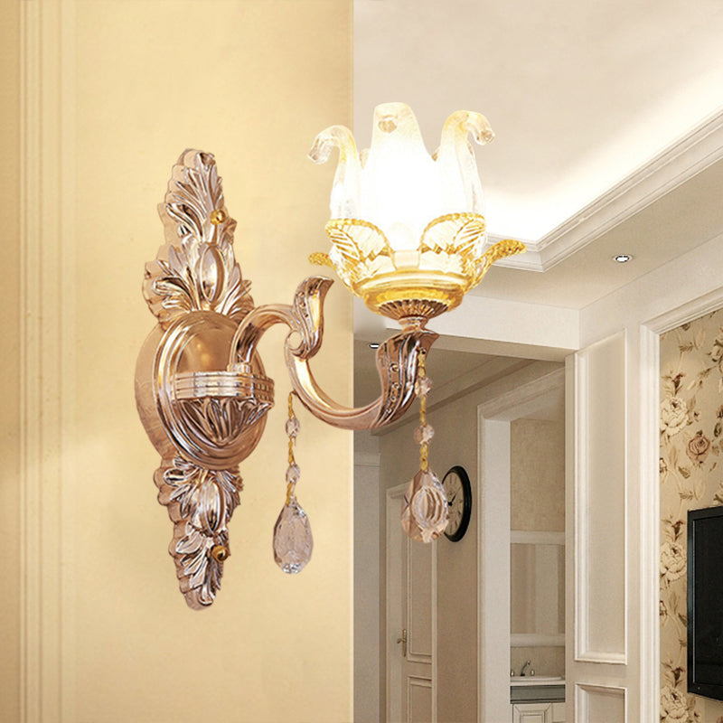 Floral Bedroom Sconce Light Fixture Traditional Single Crystal Glass Wall Lighting Idea in Gold