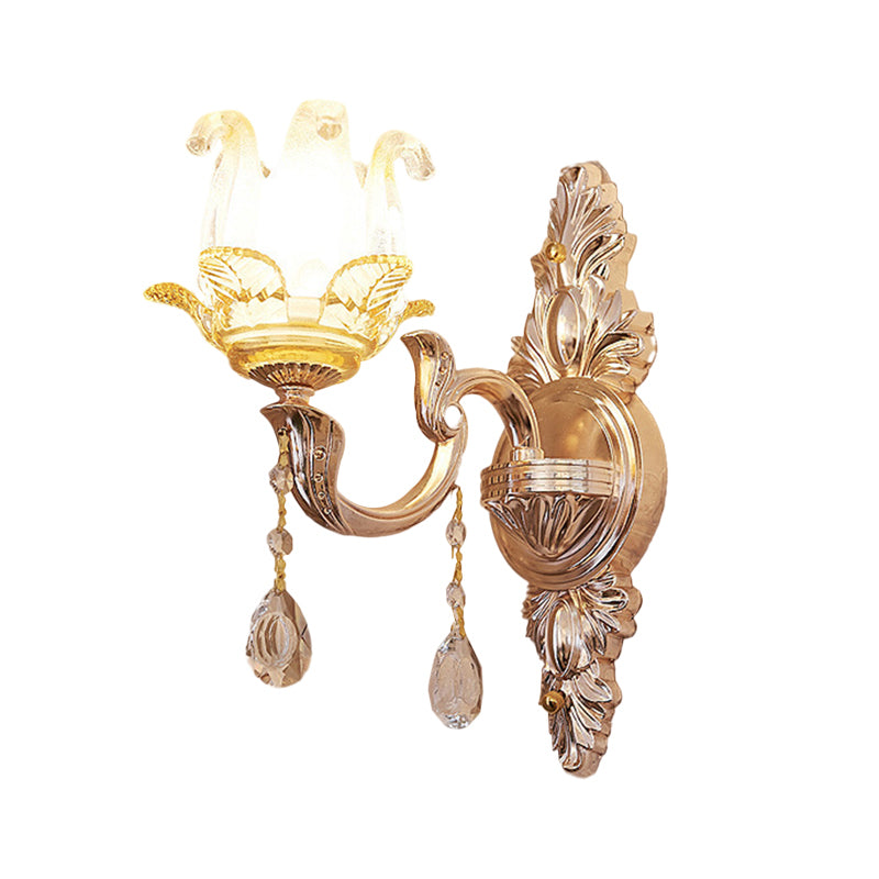 Floral Bedroom Sconce Light Fixture Traditional Single Crystal Glass Wall Lighting Idea in Gold
