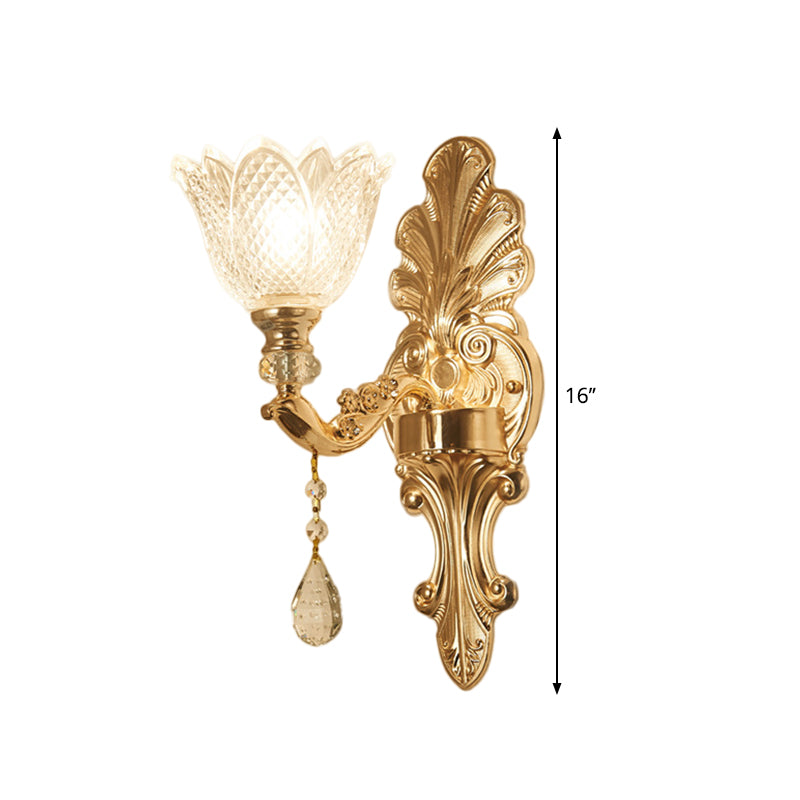 Flower Clear Latticed Glass Wall Lamp Mid-Century 1/2-Light Hallway Wall Sconce Lighting in Gold